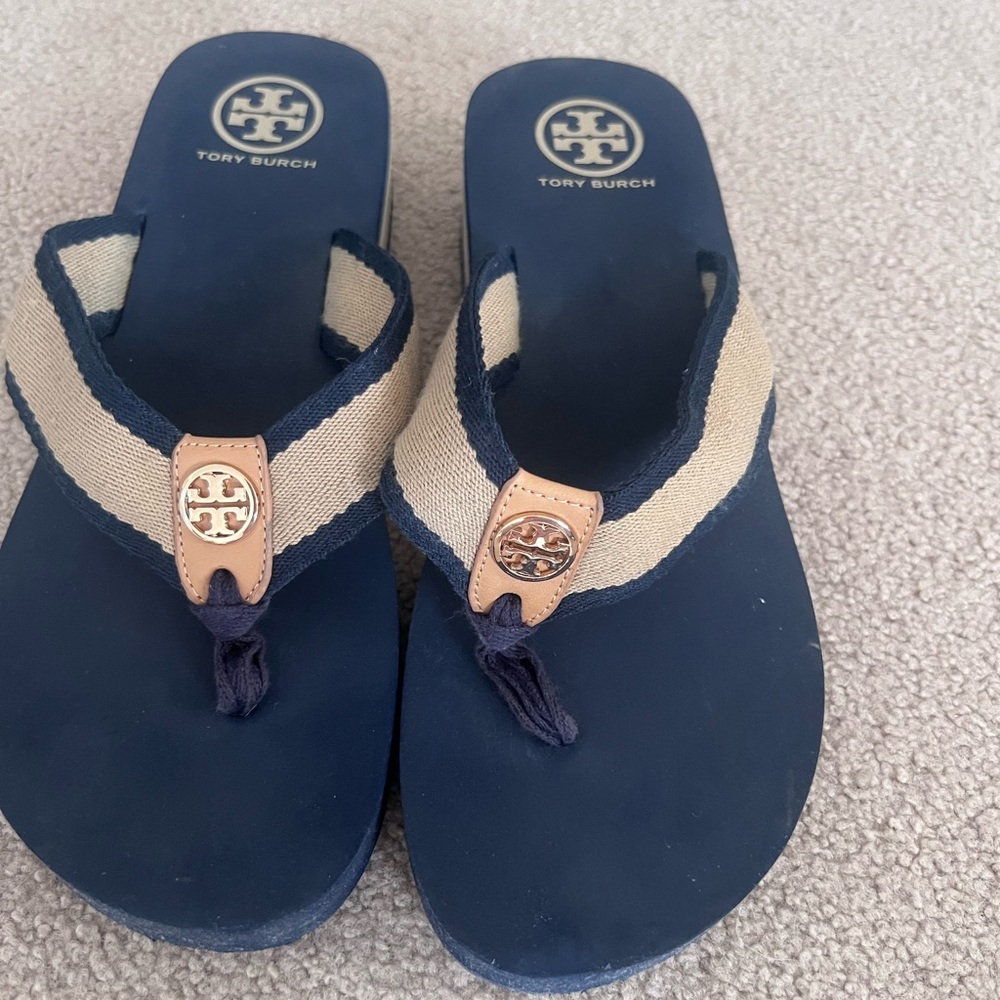 Tory Burch Navy and Beige Sandals